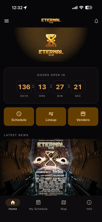 The Eternal NYE app home screen, showing the countdown to doors and shortcuts to schedule, lineup and vendors.