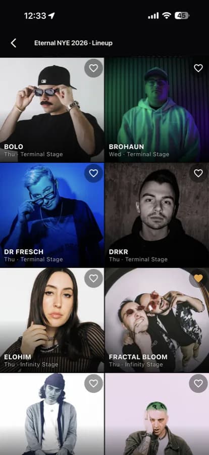 The Eternal NYE lineup screen: a two-column grid of artist photos, each with a save heart.