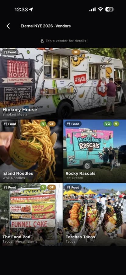 The Eternal NYE vendors screen: a grid of food stall photos with dietary badges.